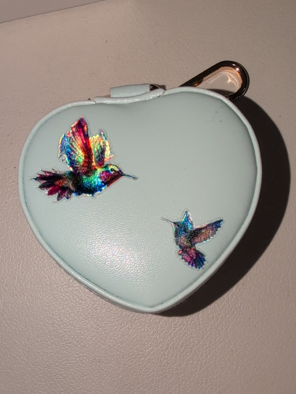 Heart Shaped Mint Jewelry Case with Holographic Hummingbirds keychain